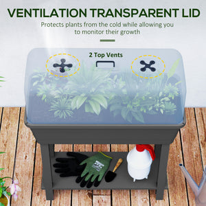 41L Self Watering Raised Garden Bed with Ventilation Transparent Lid Greenhouse, Storage Shelf, Planter Box with Water Level Indicator, 29.5" x 14.2" x 36.2", Dark Grey