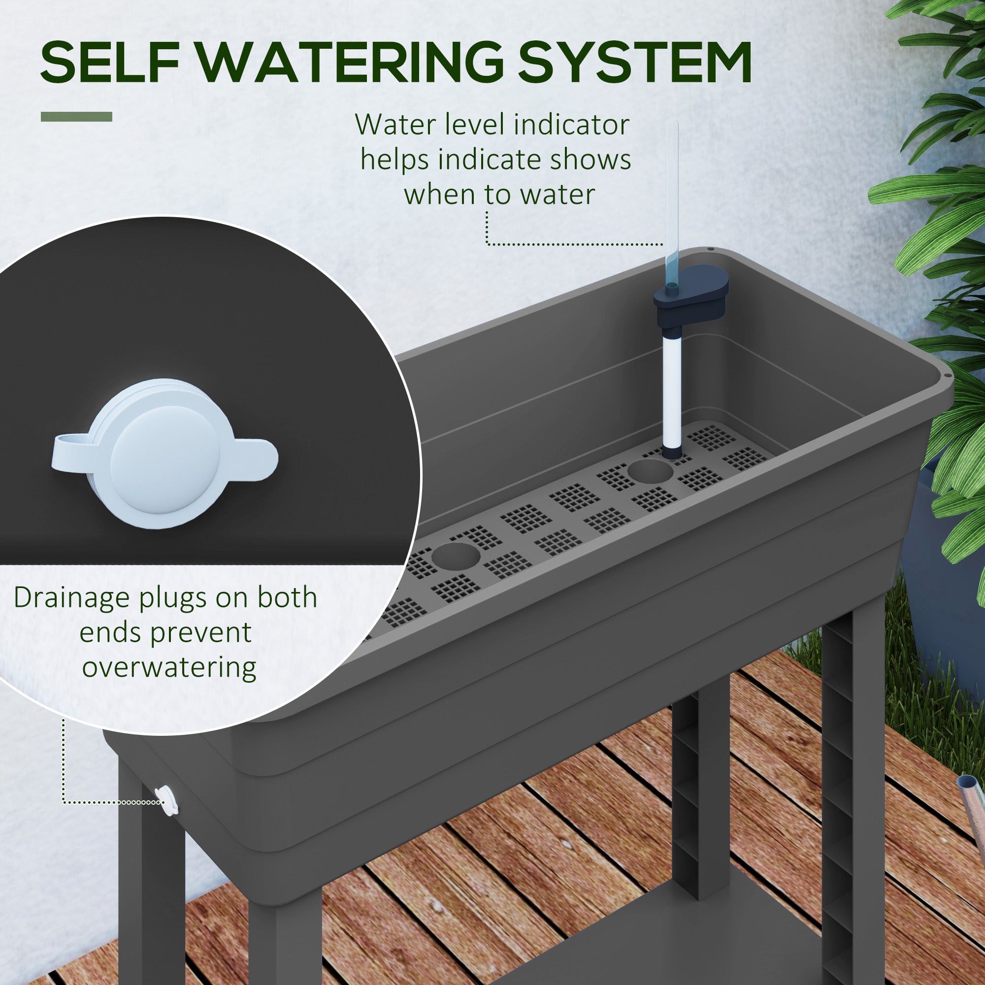 self watering system for planter boxes Outsunny Self-Watering Raised Garden Bed with Ventilation Lid, Water Level Indicator, 29.5" x 14.2" x 36.2", Dark Grey