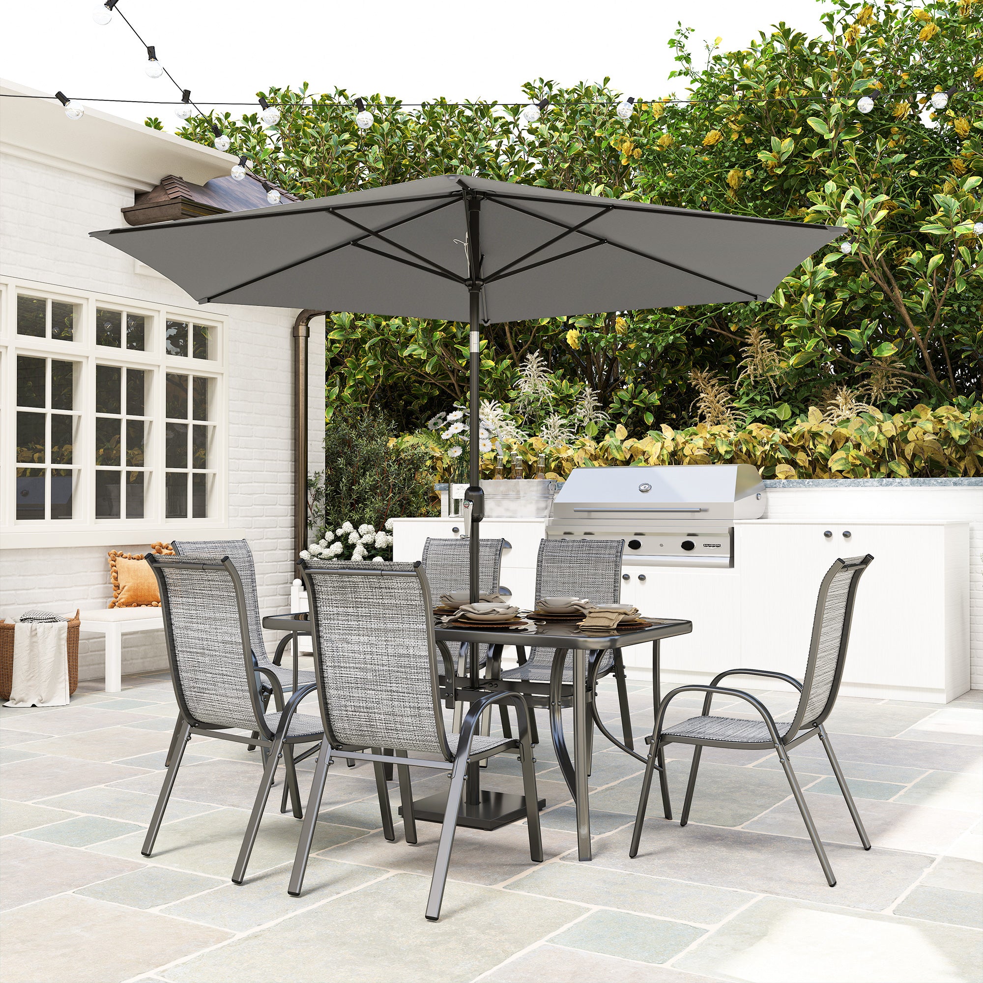 Outsunny 8-Piece Patio Dining Set with 9 Ft Umbrella, Mixed Gray