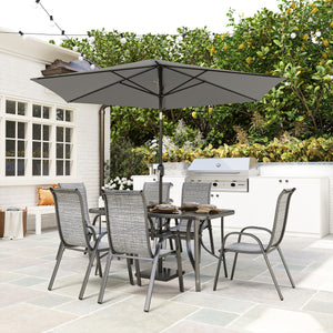 8 Pieces Patio Table and Chairs Set with 9 Ft Patio Umbrella, Outdoor Dining Set with 4.6 Ft Dining Table and 6 Chairs, Push Button Tilt and Crank Parasol, Tempered Glass Top, Mixed Gray
