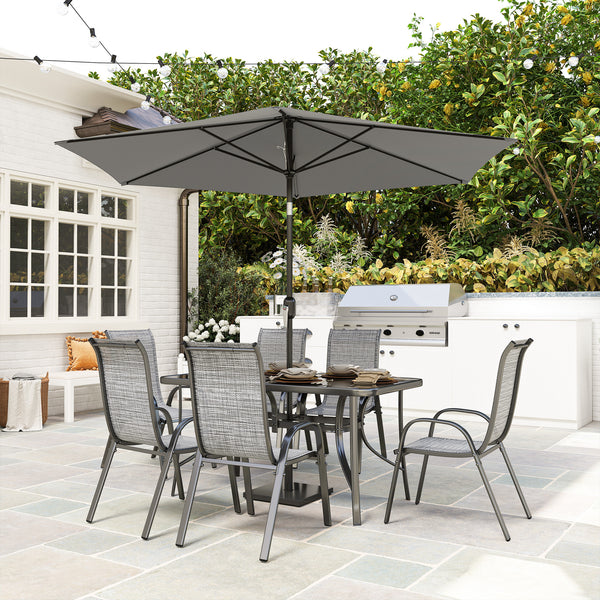 8 Pieces Patio Table and Chairs Set with 9 Ft Patio Umbrella, Outdoor Dining Set with 4.6 Ft Dining Table and 6 Chairs, Push Button Tilt and Crank Parasol, Tempered Glass Top, Mixed Gray