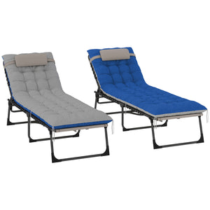 Folding Outdoor Lounge Chair Set of 2, 5-Position Reclining Patio Chaise Lounge Chairs, Tanning Chair with Cushion, Headrest, Side Pocket for Beach, Poolside, Brown/Blue