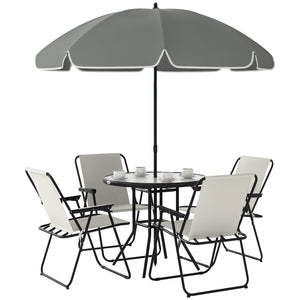 4 Seater Garden Furniture Set, 6 Pieces Garden Table and Chairs with Parasol, Outdoor Garden Dining Set with Folding Chairs and Round Glass Top Table for Patio, Cream White