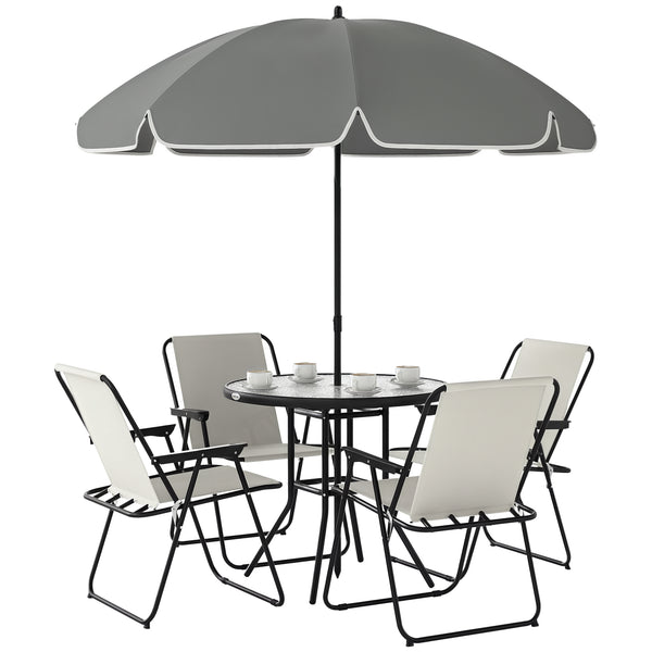 4 Seater Garden Furniture Set, 6 Pieces Garden Table and Chairs with Parasol, Outdoor Garden Dining Set with Folding Chairs and Round Glass Top Table for Patio, Cream White