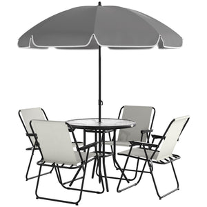 4 Seater Garden Furniture Set, 6 Pieces Garden Table and Chairs with Parasol, Outdoor Garden Dining Set with Folding Chairs and Round Glass Top Table for Patio, Cream White