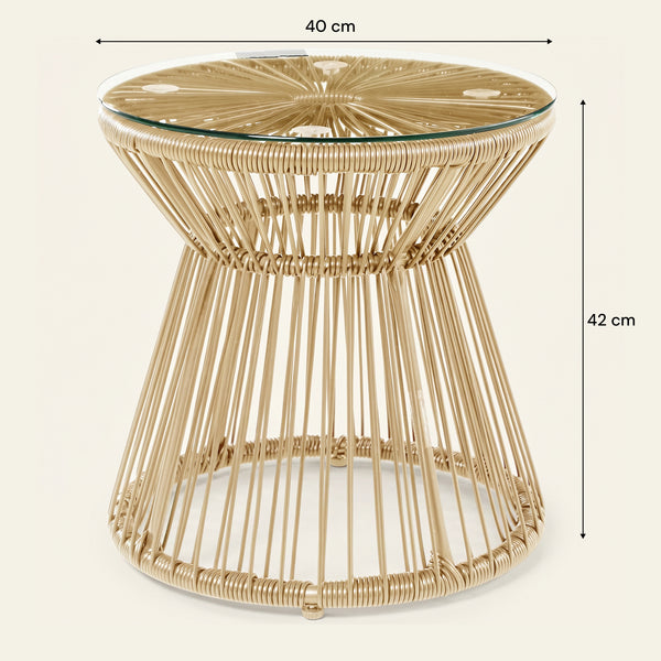 ARVOYA Round PE Rattan Side Table with Tempered Glass Top & Hollow Drum Design, Natural