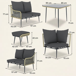 ARVOYA 6 Pieces Garden Corner Rattan Sofa Set w/ Thickened Cushions and Glass Top Table, Light Grey