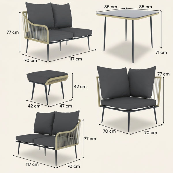 ARVOYA 6 Pieces Garden Corner Rattan Sofa Set w/ Thickened Cushions and Glass Top Table, Light Grey