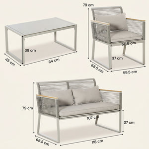 ARVOYA 4 Piece Rattan Garden Furniture Set with Cushions & Glass Top Table, Grey
