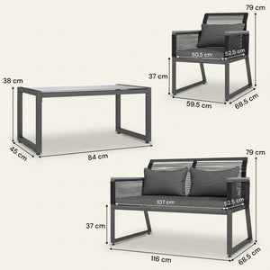 ARVOYA 4 Piece Rattan Garden Furniture Set with Cushions & Glass Top Table, Charcoal Grey