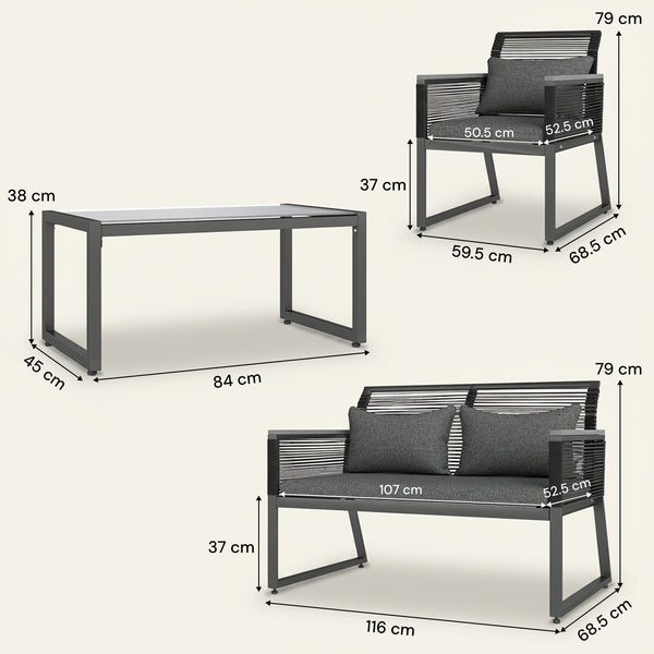ARVOYA 4 Piece Rattan Garden Furniture Set with Cushions & Glass Top Table, Charcoal Grey
