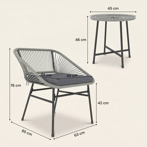 ARVOYA 3 Pieces Garden Rattan Bistro Set with Chairs, Glass Top Table & Cushions, Light Grey