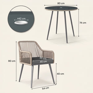 ARVOYA 4 Seater Rattan Dining Set with Parasol Hole & Cushions for Patio, Garden, Light Brown