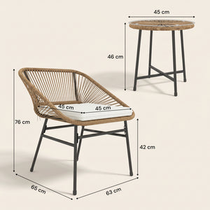 ARVOYA 3 Pieces Garden Rattan Bistro Set with Chairs, Glass Top Table & Cushions, Natural