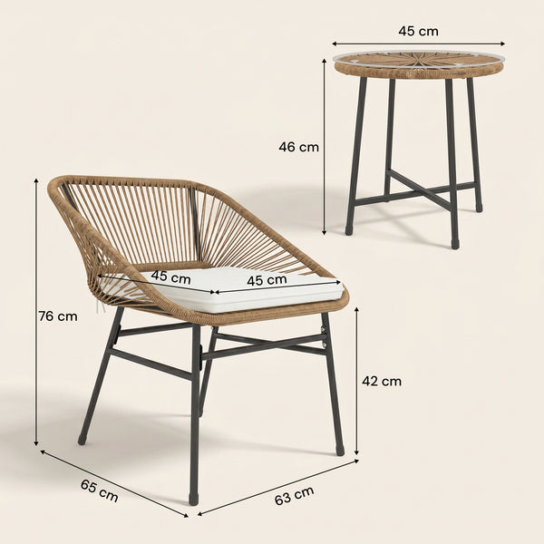 ARVOYA 3 Pieces Garden Rattan Bistro Set with Chairs, Glass Top Table & Cushions, Natural