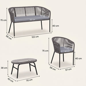 ARVOYA 4-Piece Rope Sofa Set with Loveseat, 2 Chairs & Tempered Glass Table, Dark Grey