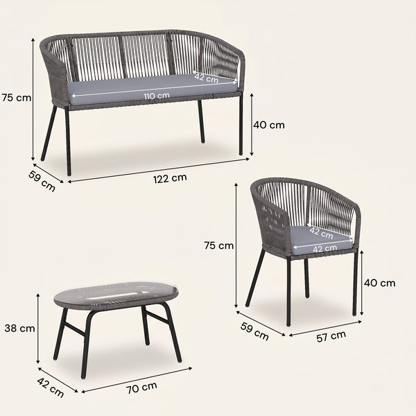 ARVOYA 4-Piece Rope Sofa Set with Loveseat, 2 Chairs & Tempered Glass Table, Dark Grey