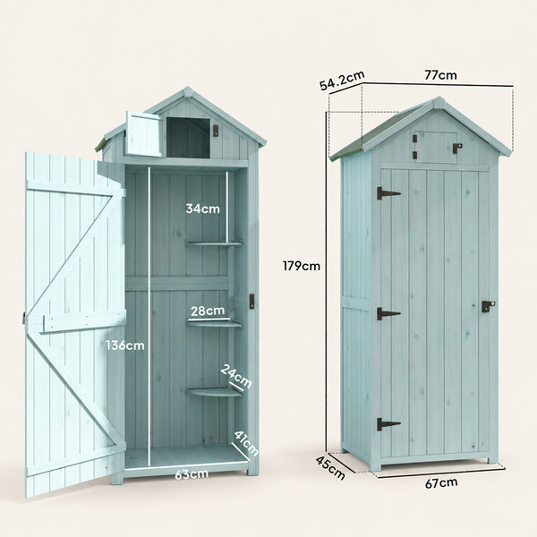 ROWAN Wooden Storage Cabinet w/ Shelves, Tilt Roof & Lockable Double Doors, Blue