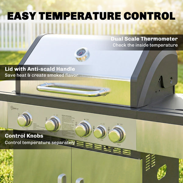 4+1 Burner Gas BBQ Grill, Portable Gas Barbecue Grill with Side Burner, Warming Rack, Side Shelf, Storage Cabinet, Thermometer, 4 Wheels, Tank Holder for Garden Party Outdoor Cooking