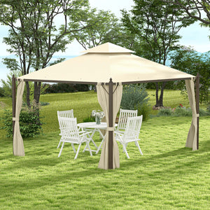 10' x 12' Steel Outdoor Patio Gazebo with Polyester Privacy Curtains, Two-Tier Roof for Air, Large Design
