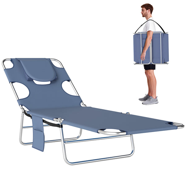 Folding Lounge Chair Outdoor Tanning Chair with Face Hole, 5-Position Reclining Sun Lounger Chaise Lounge Cot with Side Pocket, Carry Strap for Beach Pool, Yard, Grey