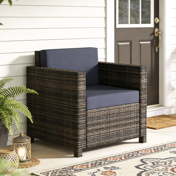 Single Seater Rattan Chair, PE Wicker Garden Armchair with 10 cm Thickened Cushion, All-Weather Rattan Garden Chair with Armrests, Mixed Brown/Navy Blue