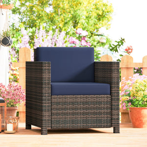 Single Seater Rattan Chair, PE Wicker Garden Armchair with 10 cm Thickened Cushion, All-Weather Rattan Garden Chair with Armrests, Mixed Brown/Navy Blue