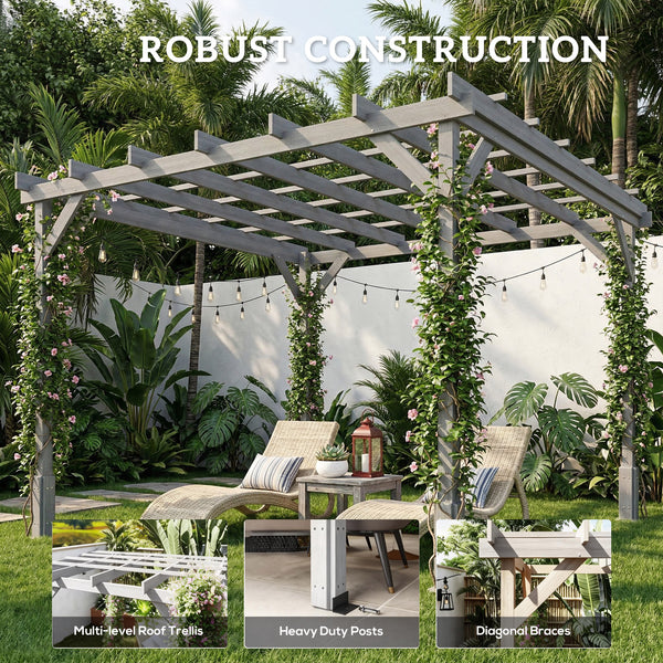 3 x 3 m Wooden Pergola Kit, Decorative Garden Gazebo Shelter with Stable Structure for Climbing Vines, Flowers, Grey