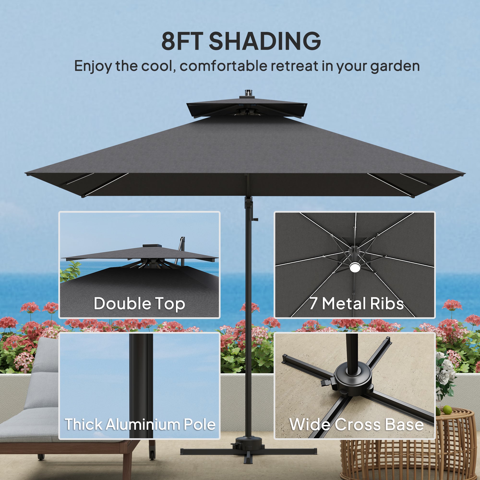 7 offset patio umbrella Outsunny 8' Solar LED Cantilever Umbrella with 360° Rotation & Tilt, Dark Grey