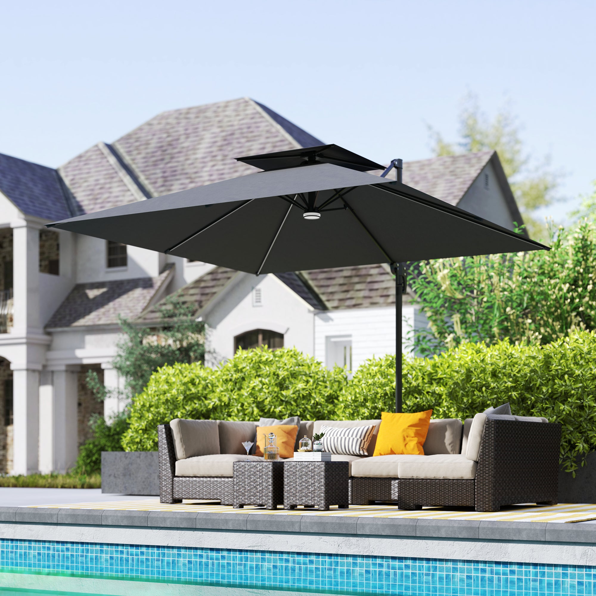 black solar powered offset patio umbrellas Outsunny 8' Solar LED Cantilever Umbrella with 360° Rotation & Tilt, Dark Grey