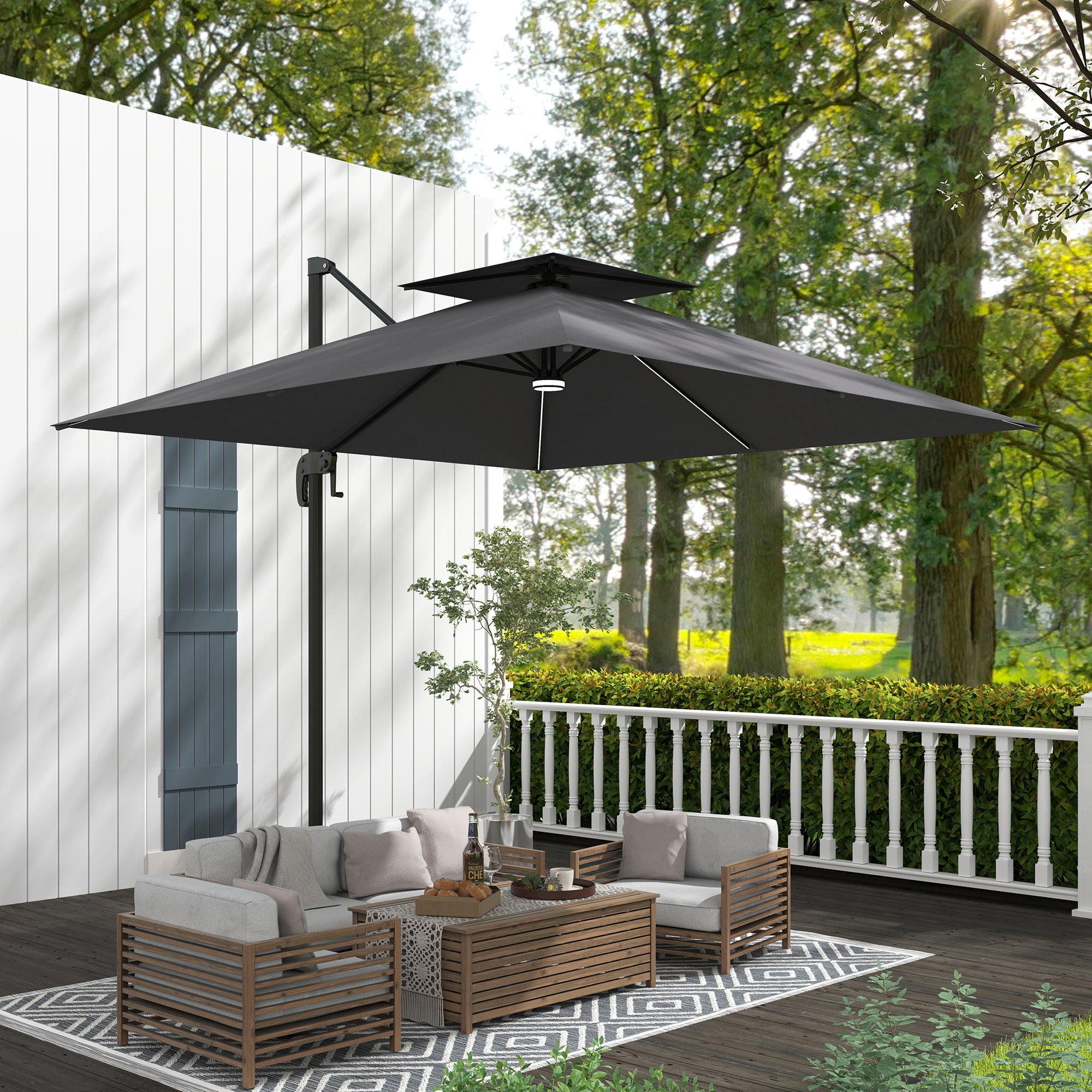 grey solar patio umbrella Outsunny 8' Solar LED Cantilever Umbrella with 360° Rotation & Tilt, Dark Grey