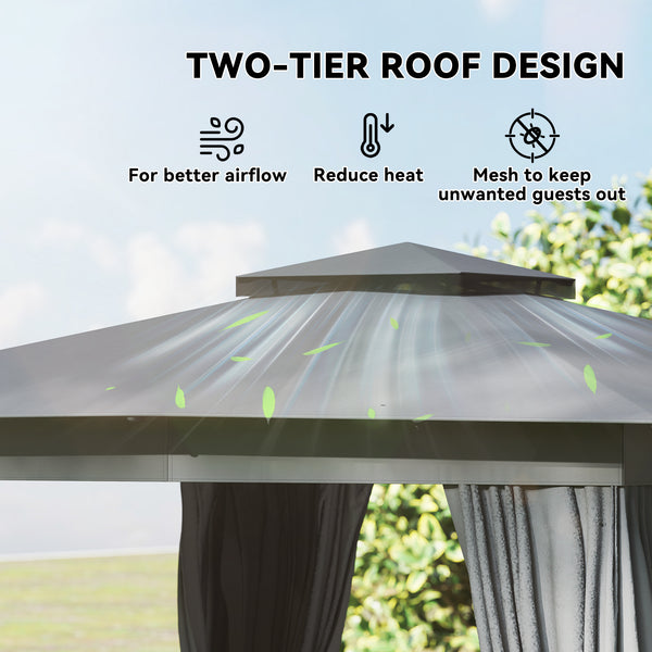 10' x 12' Outdoor Patio Gazebo, Soft Top Gazebo Canopy Shelter with Double Roof, Curtains, Netting, Steel Frame, UPF30+ Protection, Ceiling Hooks for Lawn, Backyard, Deck, Dark Gray