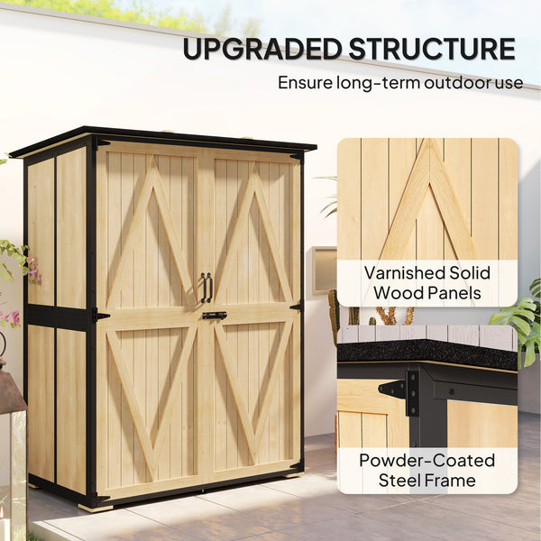 Outdoor Storage Cabinet, Wood Garden Tool Shed with Steel Frame and Asphalt Roof, Garden Storage Shed with 2 Shelves, Lockable Doors and Adjustable Feet for Patio Backyard Lawn, Natural