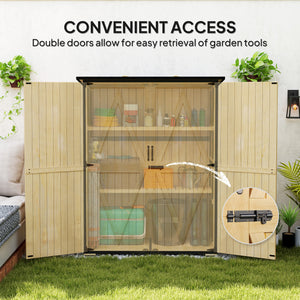 Outdoor Storage Cabinet, Wood Garden Tool Shed with Steel Frame and Asphalt Roof, Garden Storage Shed with 2 Shelves, Lockable Doors and Adjustable Feet for Patio Backyard Lawn, Natural