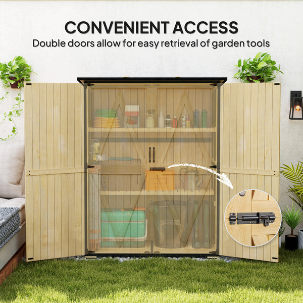 Outdoor Storage Cabinet, Wood Garden Tool Shed with Steel Frame and Asphalt Roof, Garden Storage Shed with 2 Shelves, Lockable Doors and Adjustable Feet for Patio Backyard Lawn, Natural