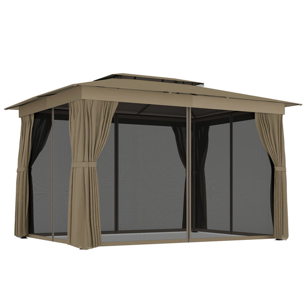 10' x 12' Outdoor Patio Gazebo, Soft Top Gazebo Canopy Shelter with Double Roof, Curtains, Netting, Steel Frame, UPF30+ Protection, Ceiling Hooks for Lawn, Backyard, Deck, Khaki
