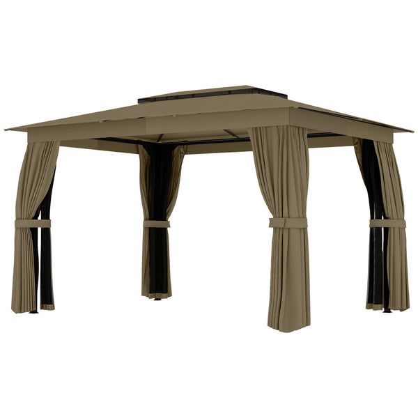 10' x 12' Outdoor Patio Gazebo, Soft Top Gazebo Canopy Shelter with Double Roof, Curtains, Netting, Steel Frame, UPF30+ Protection, Ceiling Hooks for Lawn, Backyard, Deck, Khaki
