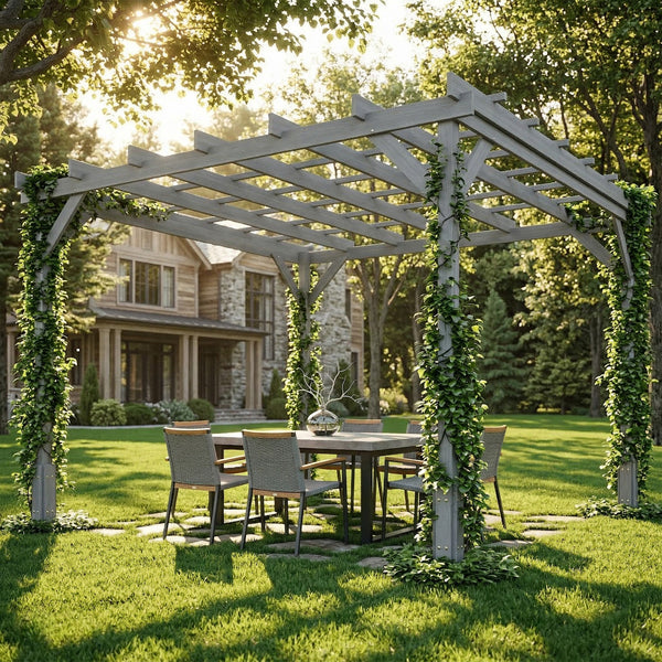 3 x 3 m Wooden Pergola Kit, Decorative Garden Gazebo Shelter with Stable Structure for Climbing Vines, Flowers, Grey