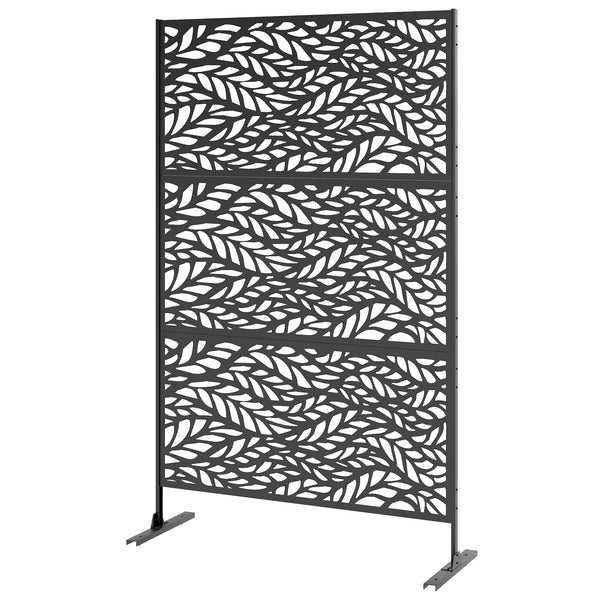 Metal Outdoor Privacy Screen, 78" x 48" Freestanding Outdoor Divider with Stand, Decorative Privacy Panel with Willow Branch Cut-out Design for Garden Backyard, Black