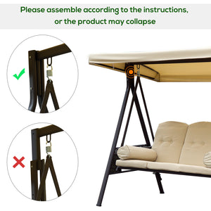 3 Seater Canopy Swing Chair, Outdoor Garden Swing Seat with Adjustable Canopy, Cushions and Cup Trays, Steel Frame, Beige