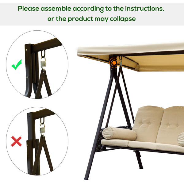 3 Seater Canopy Swing Chair, Outdoor Garden Swing Seat with Adjustable Canopy, Cushions and Cup Trays, Steel Frame, Beige