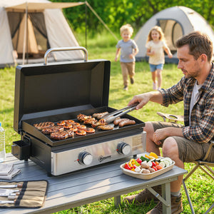 2 Burner Grill Griddle, Portable Gas Plancha, 6 kW, Tabletop Gas BBQ with Grease Cup for Camping Picnic Patios, Black