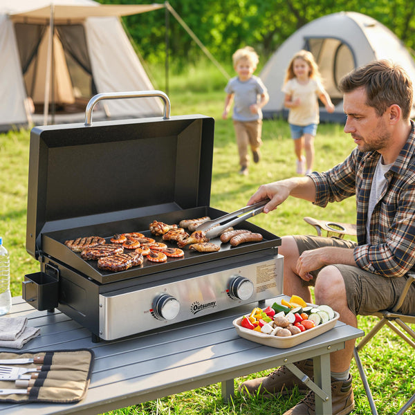 2 Burner Grill Griddle, Portable Gas Plancha, 6 kW, Tabletop Gas BBQ with Grease Cup for Camping Picnic Patios, Black
