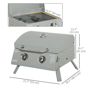 2 Burner Propane Gas Grill, Outdoor Portable Tabletop BBQ with Foldable Legs, 10000 Each Burner, Lid, for Camping, Picnic, Backyard, Silver