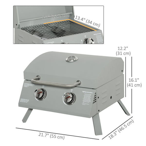 2 Burner Propane Gas Grill, Outdoor Portable Tabletop BBQ with Foldable Legs, 10000 Each Burner, Lid, for Camping, Picnic, Backyard, Silver