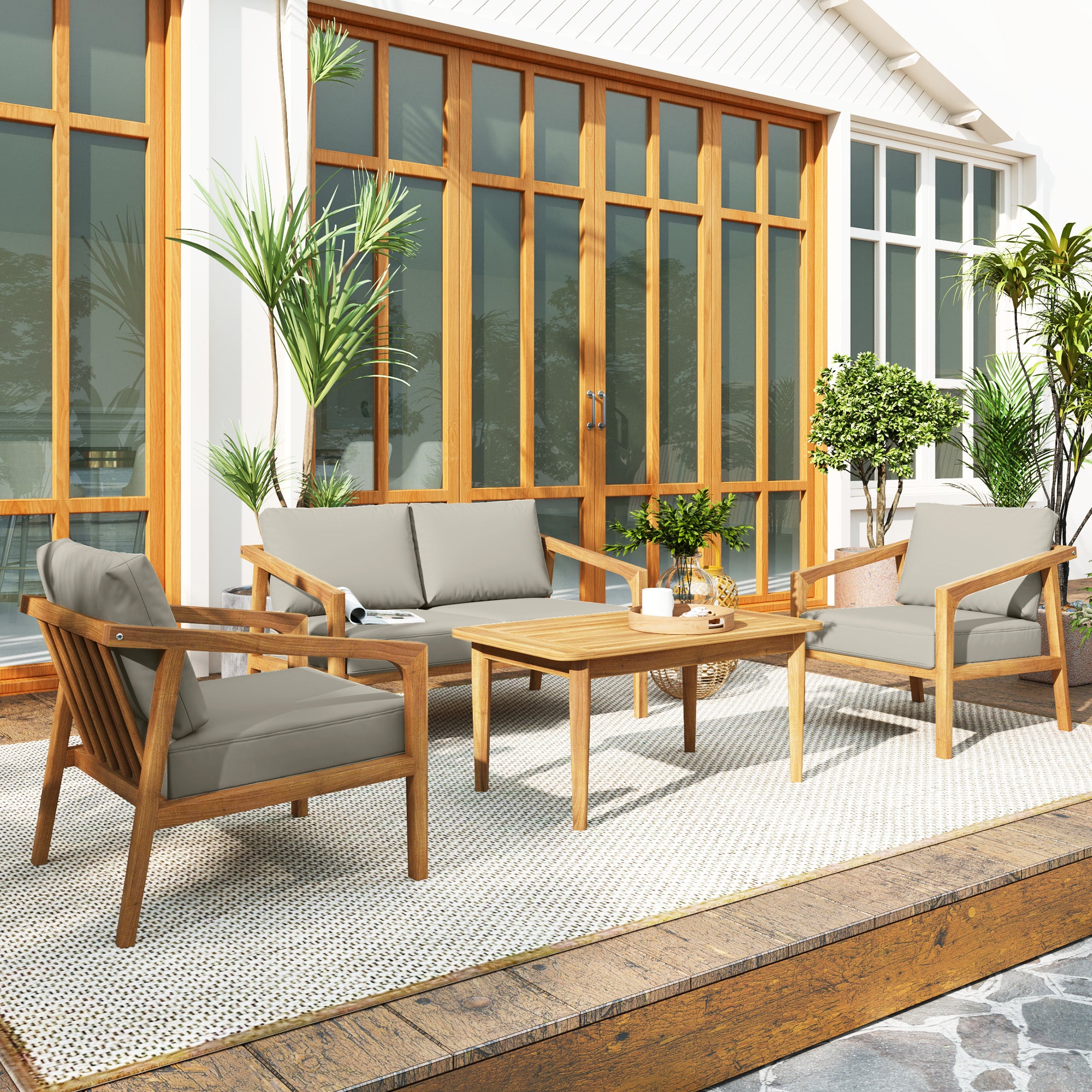 Outsunny Pieces Acacia Wood Patio Furniture Set, Outdoor Sofa