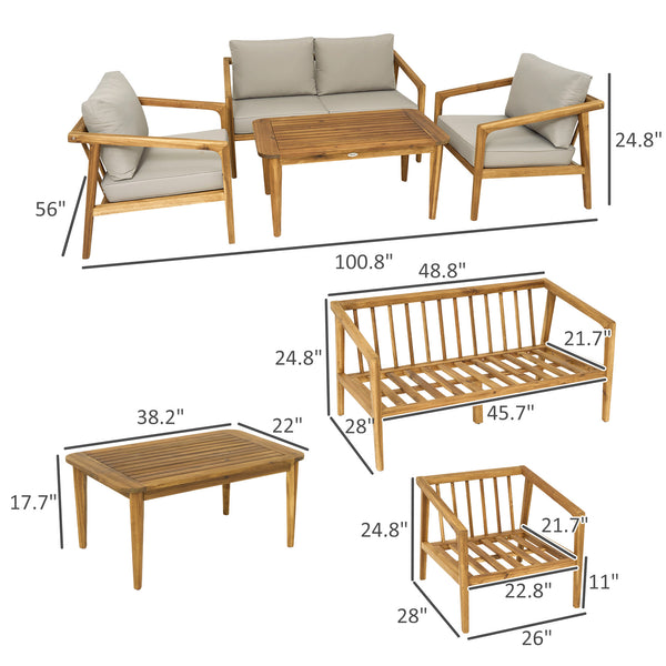 Outsunny 4 Pieces Acacia Wood Patio Furniture Set, Outdoor Sofa Set with Thickened Cushions, Outdoor Patio Conversation Set with Slat Top Coffee Table for Backyard Garden, Teak