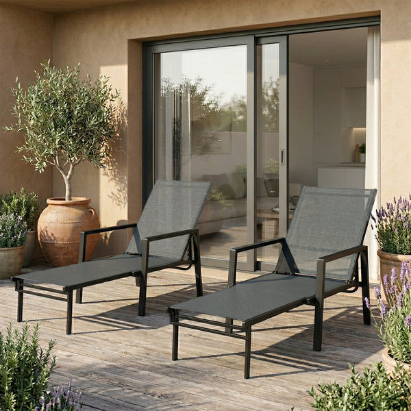 Sun Loungers Set of 2 with Retractable Footrest, 5-Position Adjustable Reclining Garden Lounger, Garden Chaise Lounge Sunbed Recliner Chair w/ Steel Frame for Beach, Porch, Patio, Dark Grey