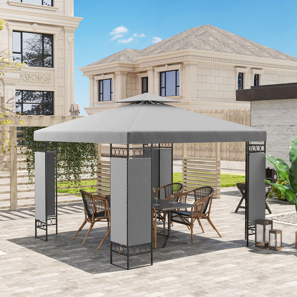 10 x 10 FT Canopy Gazebo, Double Roof Outdoor Gazebo with Screen Panels and Metal Frame, Patio Gazebo for Poolside, Garden, Deck, Backyard, Light Grey