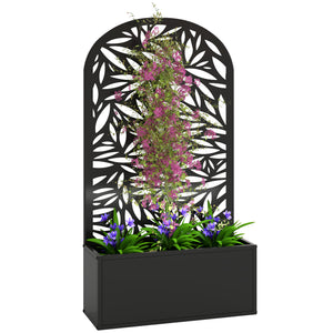 Metal Raised Garden Bed with Trellis for Climbing Plants, Freestanding or Wall Mounted Flower Bed with Cueved Privacy Panel, Leaves Cut-Out Outdoor Planter Box for Garden, Patio, Balcony
